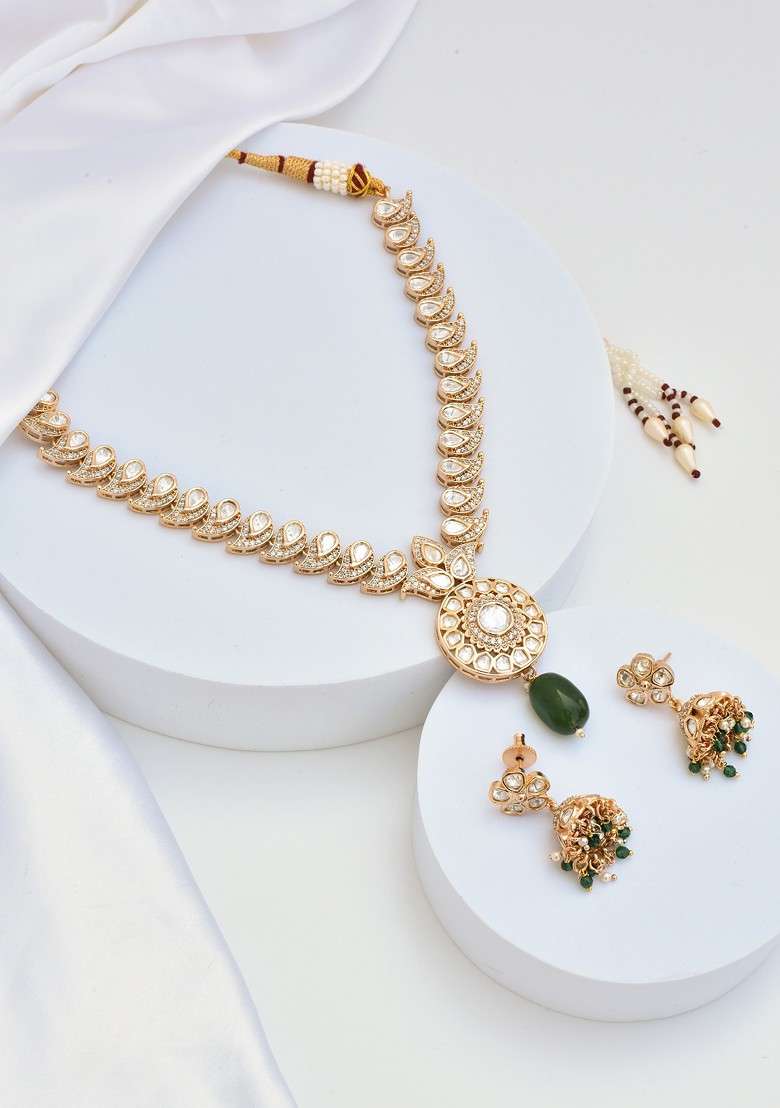Green Gold Tone Polki Necklace Set - Indya