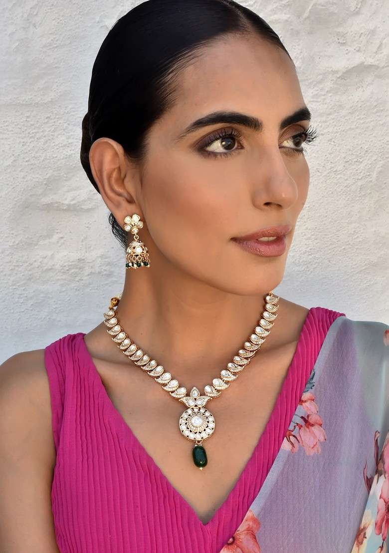 Green Gold Tone Polki Necklace Set - Indya