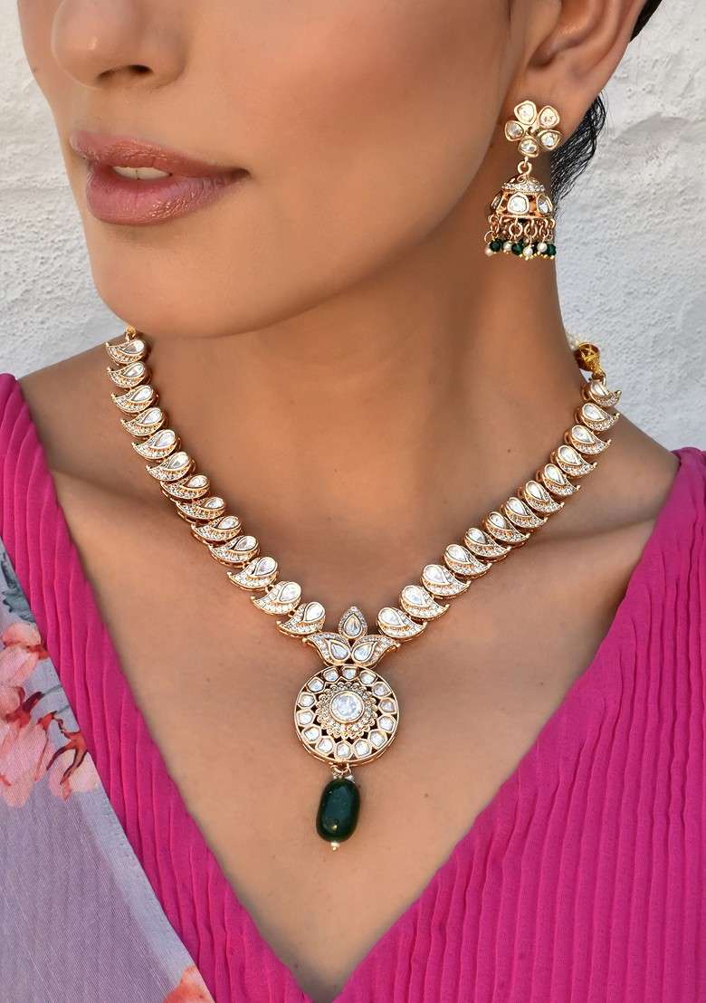 Green Gold Tone Polki Necklace Set - Indya
