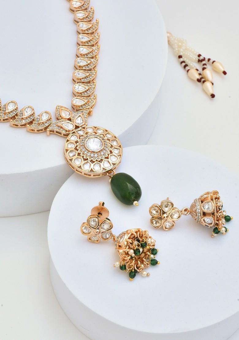 Green Gold Tone Polki Necklace Set - Indya