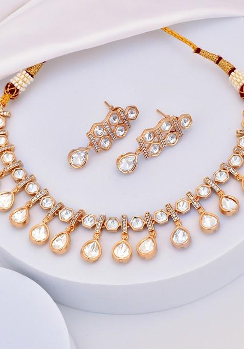 Rose Gold Tone Polki Necklace Set