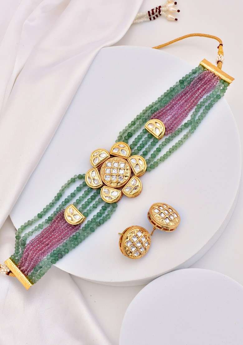 Multicolour Gold Tone Polki Choker Necklace Set - Indya