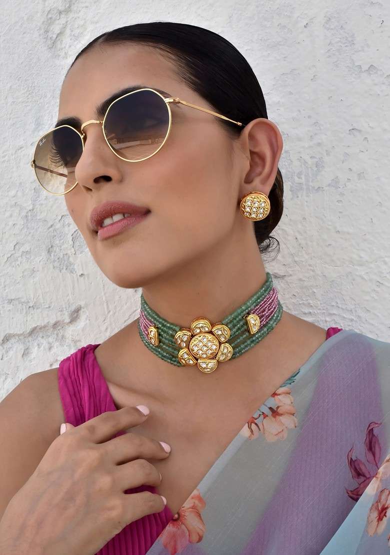 Multicolour Gold Tone Polki Choker Necklace Set - Indya