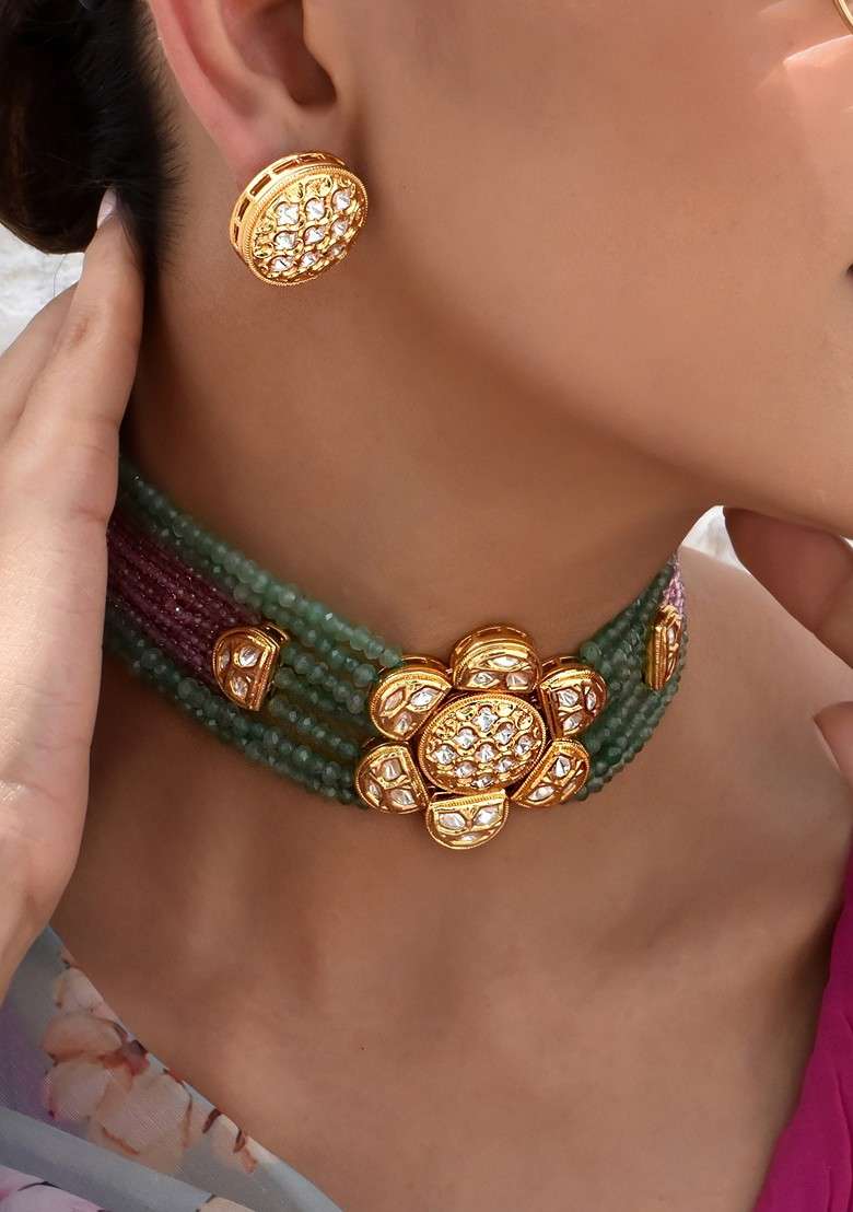 Multicolour Gold Tone Polki Choker Necklace Set - Indya