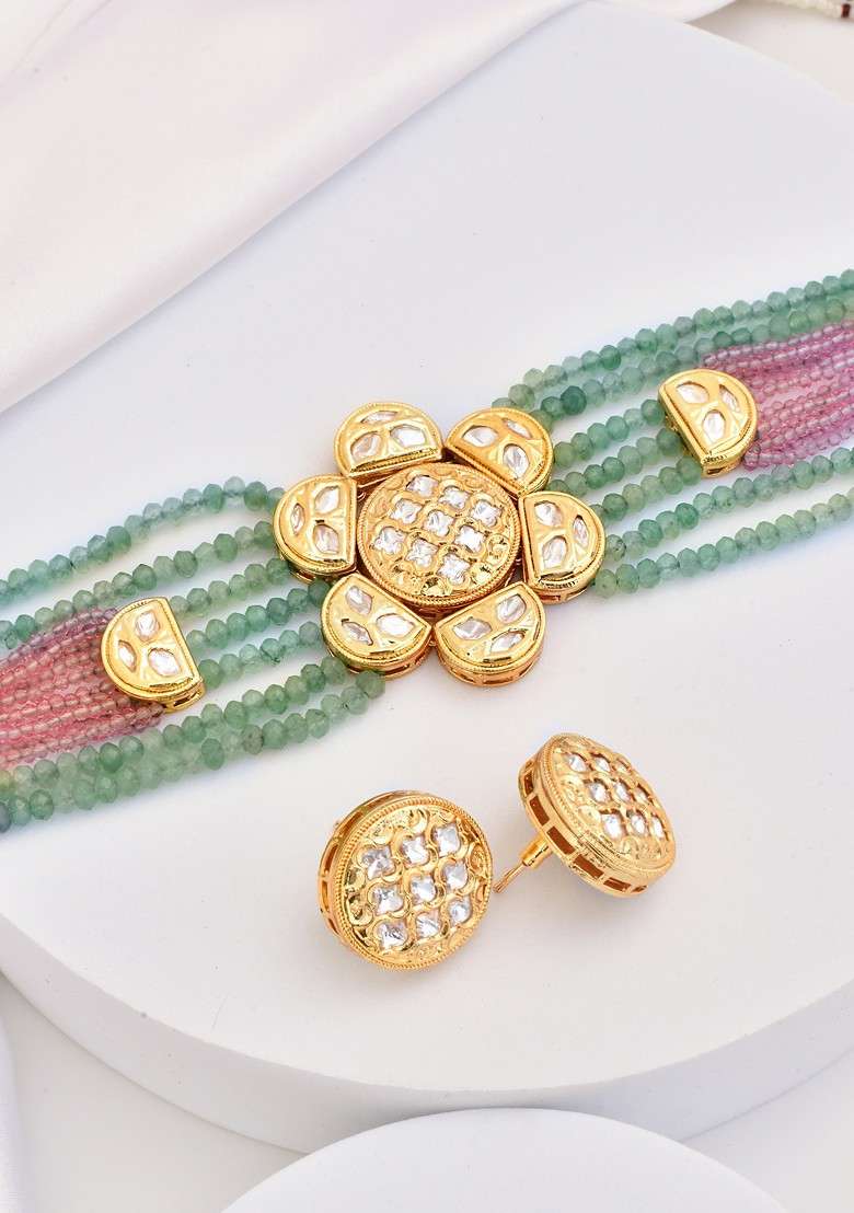 Multicolour Gold Tone Polki Choker Necklace Set - Indya