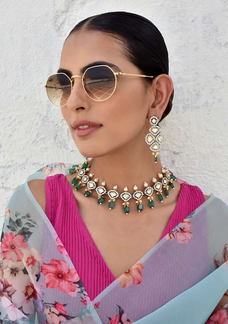Green Silver Tone Polki Necklace Set - Indya