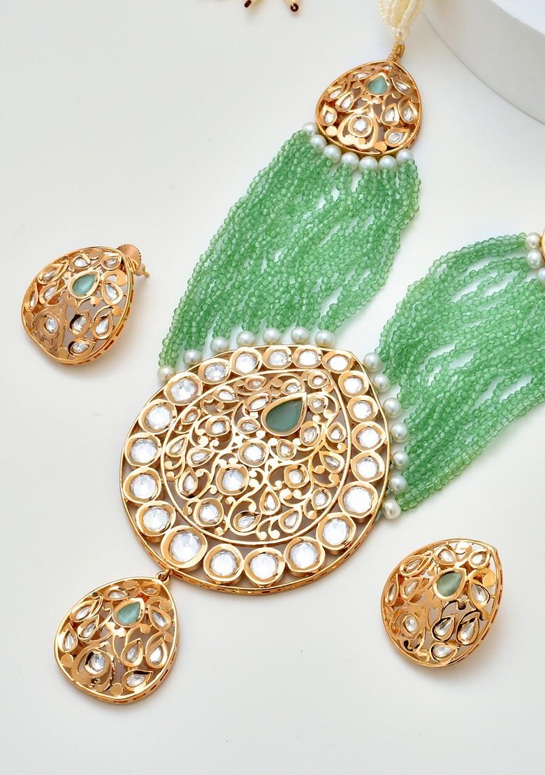 Green Gold Tone Polki Layered Necklace Set - Indya