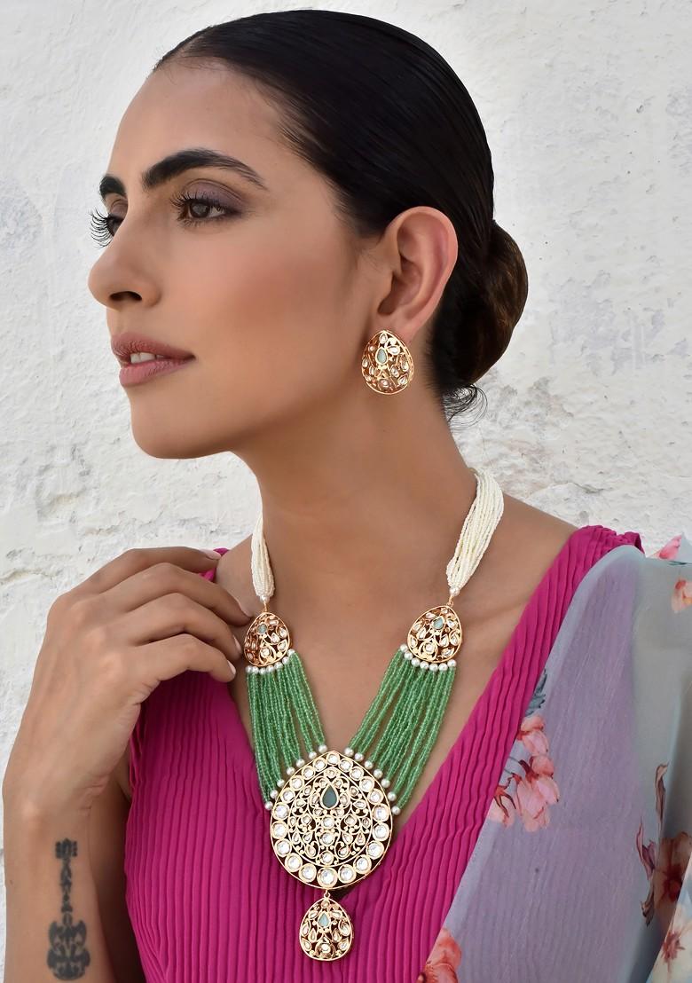 Green Gold Tone Polki Layered Necklace Set - Indya