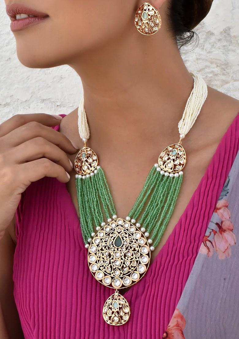 Green Gold Tone Polki Layered Necklace Set - Indya