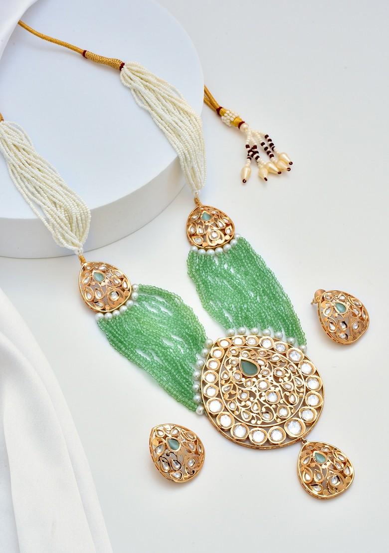 Green Gold Tone Polki Layered Necklace Set - Indya