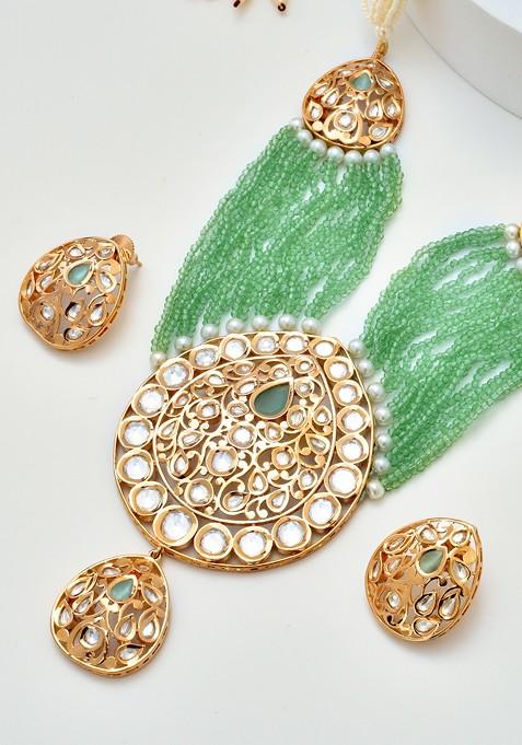 Green Gold Tone Polki Layered Necklace Set