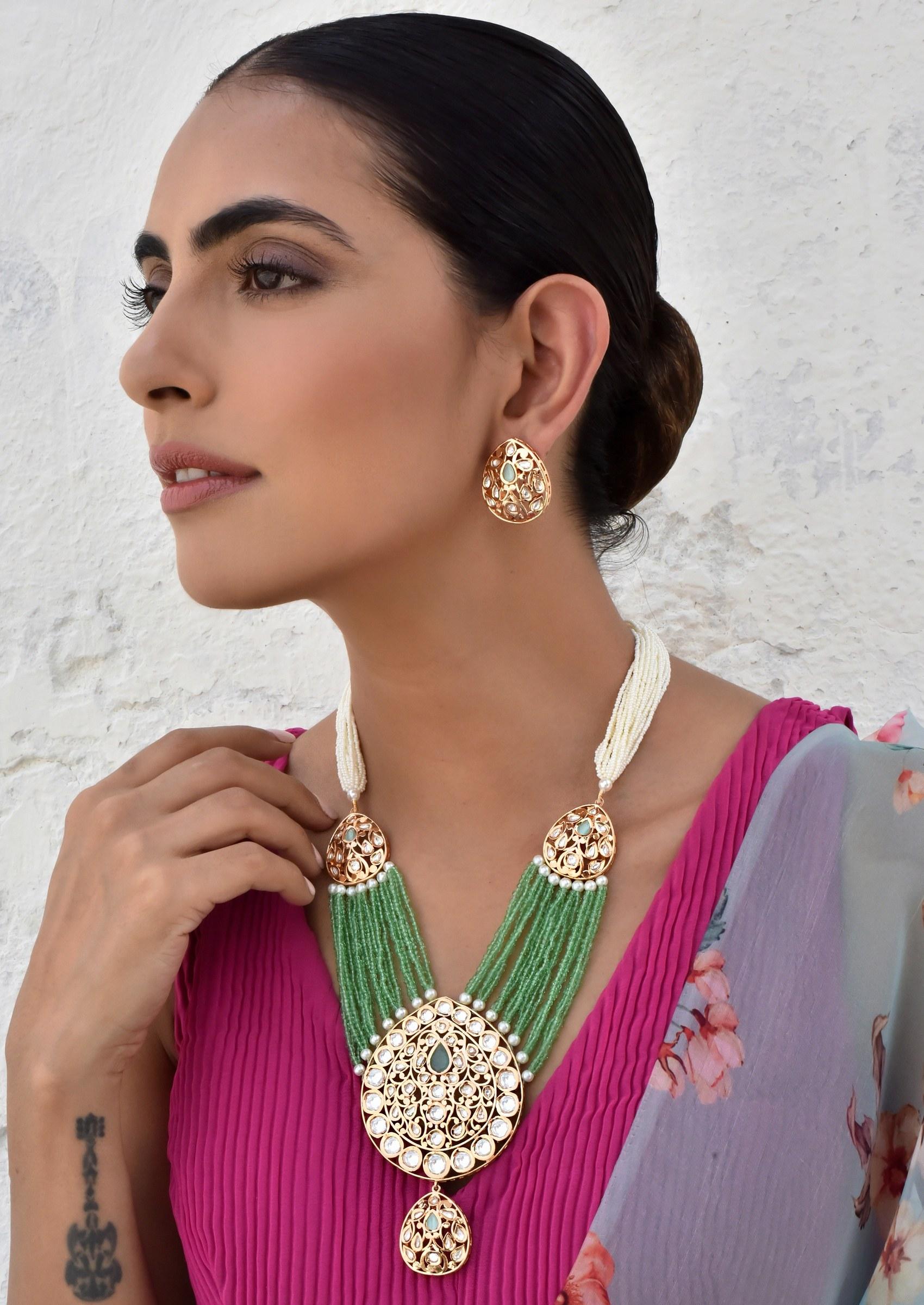 Green Gold Tone Polki Layered Necklace Set - Indya