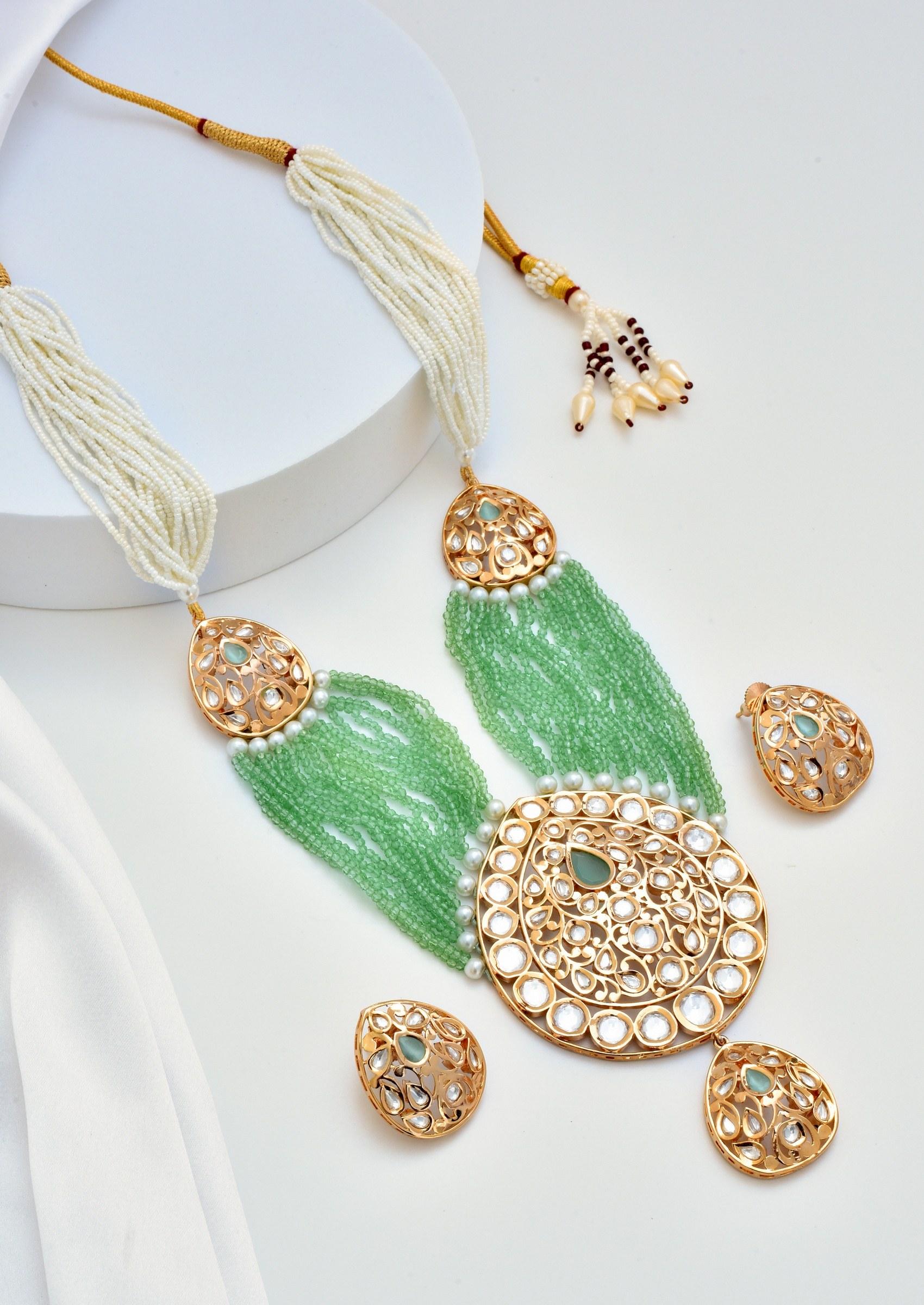 Green Gold Tone Polki Layered Necklace Set - Indya
