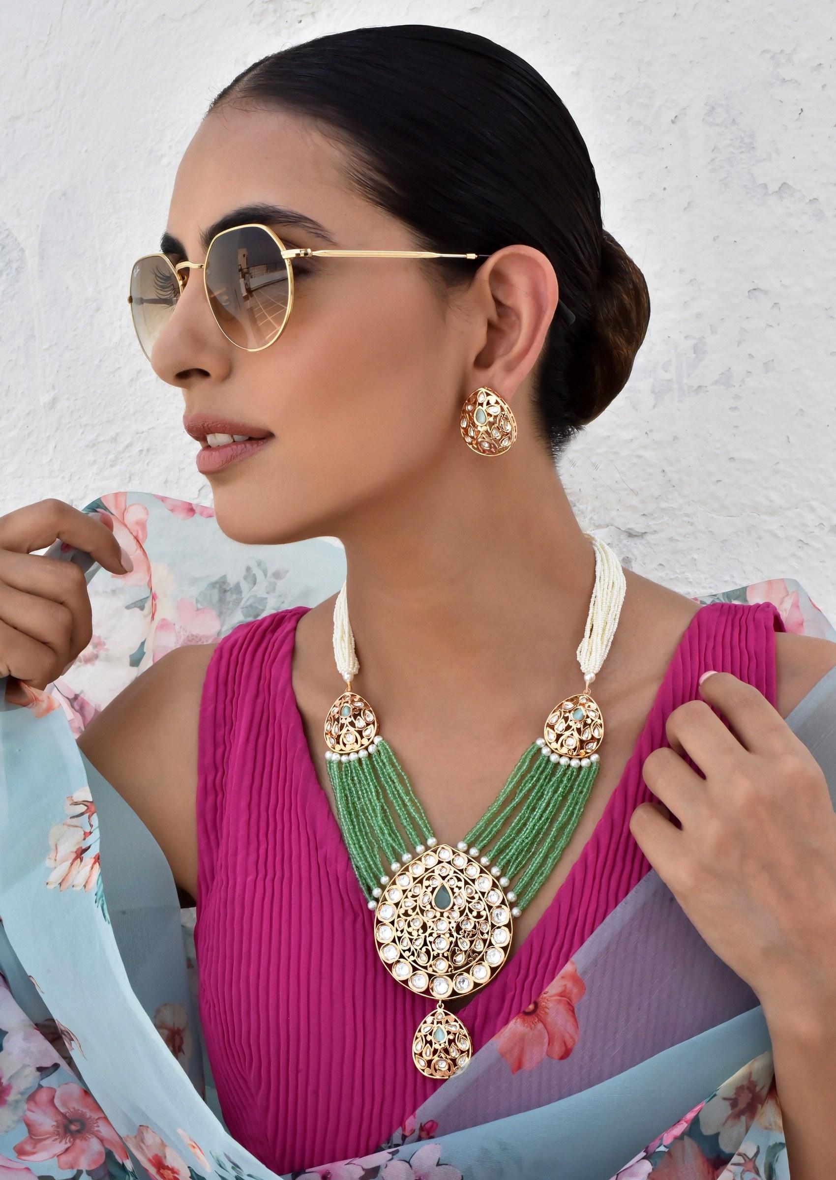 Green Gold Tone Polki Layered Necklace Set - Indya