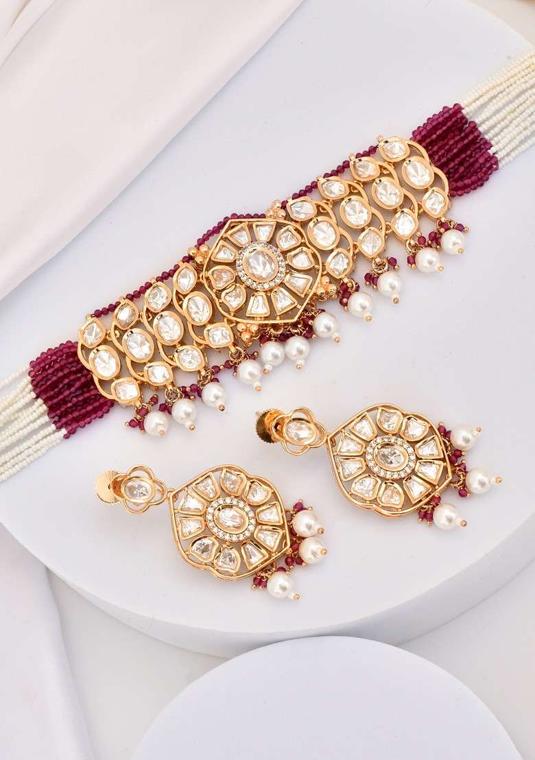 Red Rose Gold Tone Polki Necklace Set - Indya