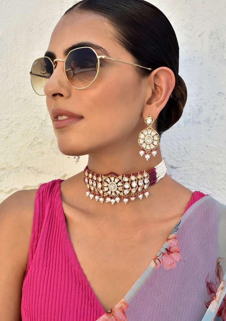 Red Rose Gold Tone Polki Necklace Set - Indya