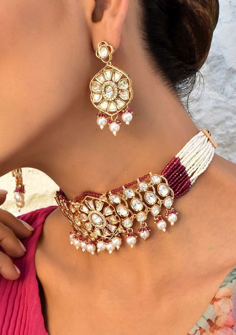 Red Rose Gold Tone Polki Necklace Set - Indya
