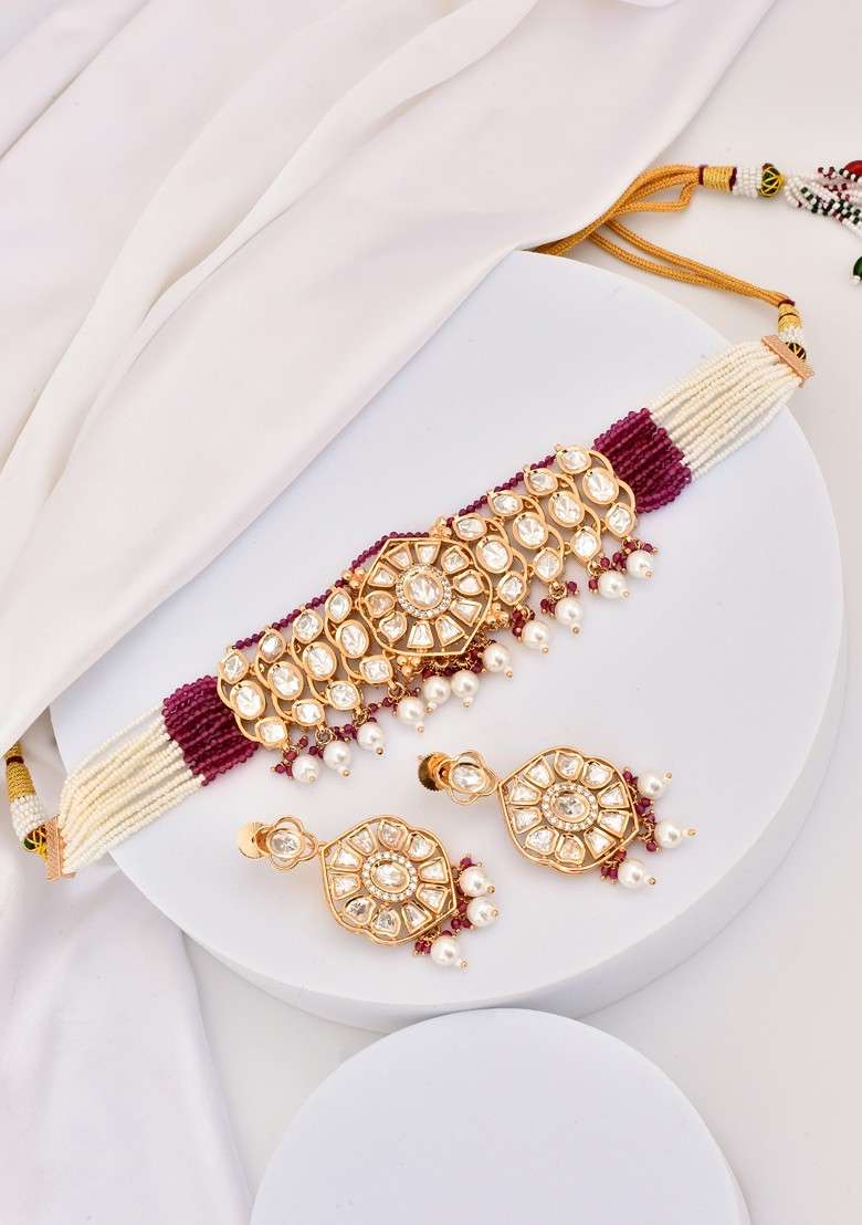 Red Rose Gold Tone Polki Necklace Set - Indya