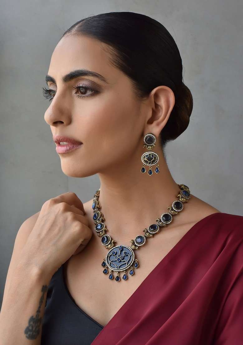 Blue Gold Tone Necklace Set - Indya