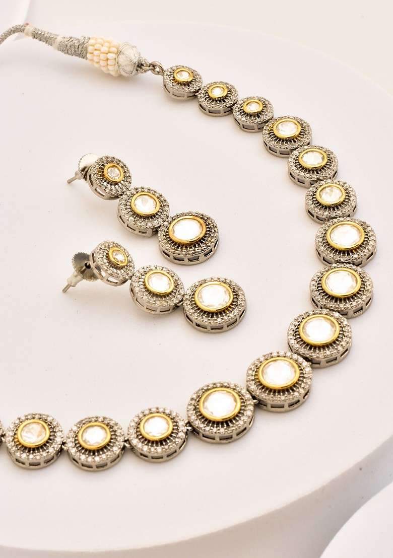 Silver Tone Polki Necklace Set - Indya