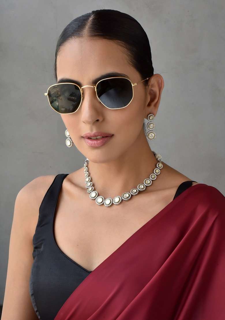 Silver Tone Polki Necklace Set - Indya