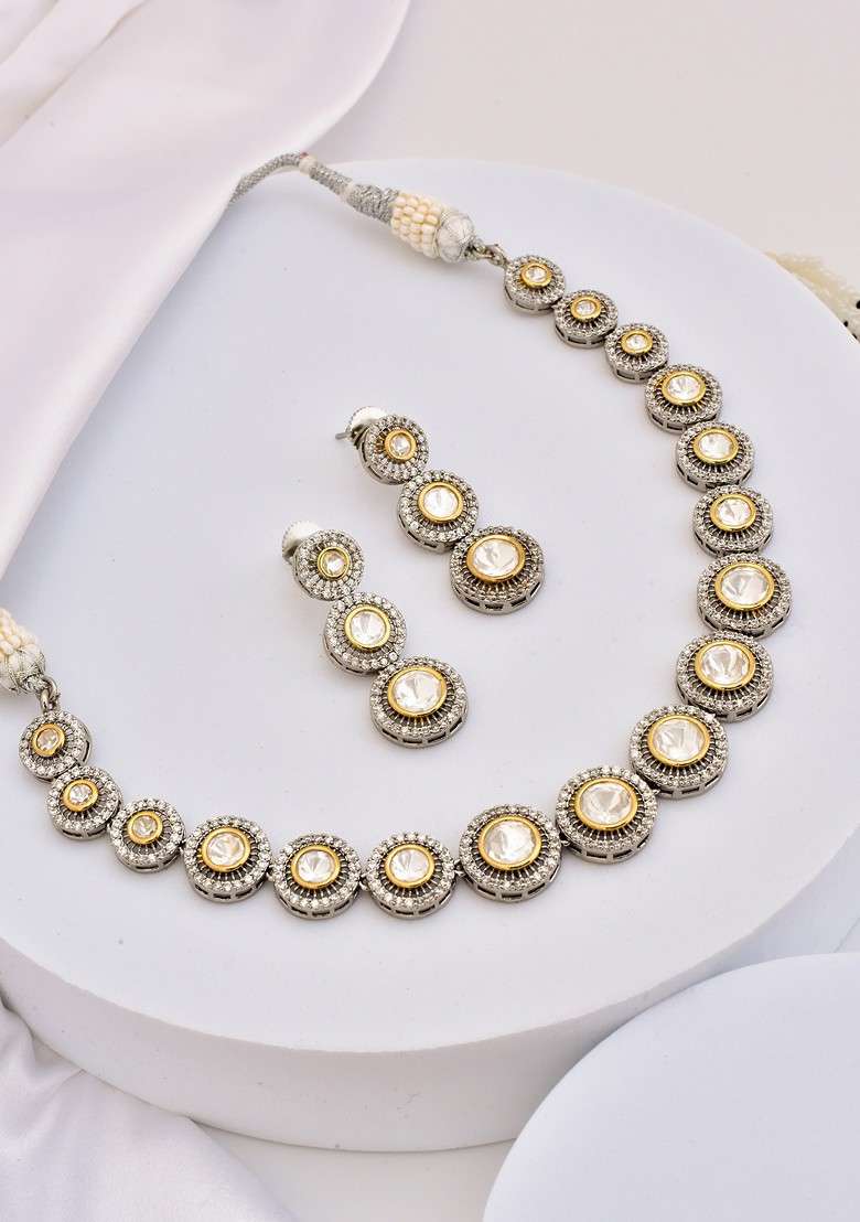 Silver Tone Polki Necklace Set - Indya