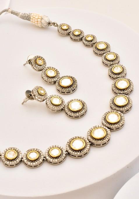 Silver Tone Polki Necklace Set