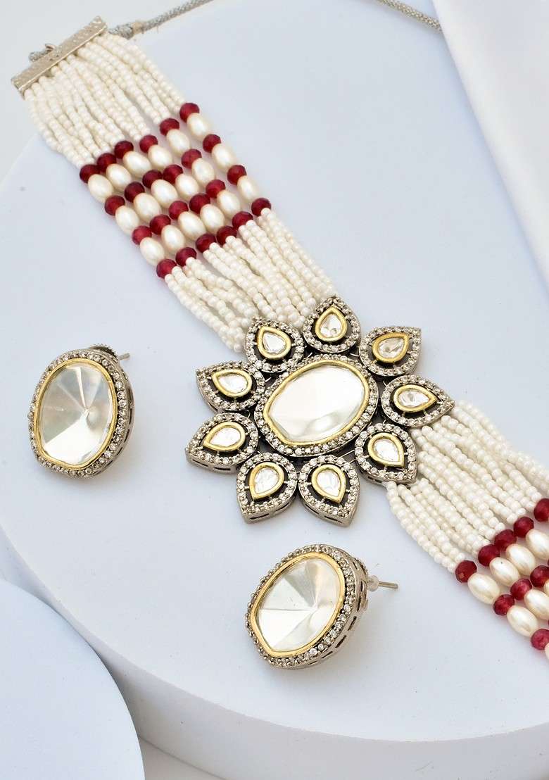Red Silver Tone Polki Choker Necklace Set - Indya