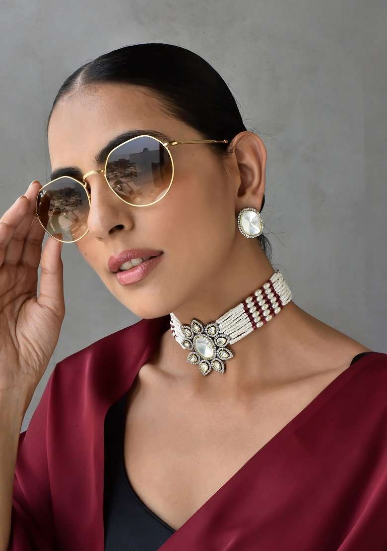 Red Silver Tone Polki Choker Necklace Set - Indya