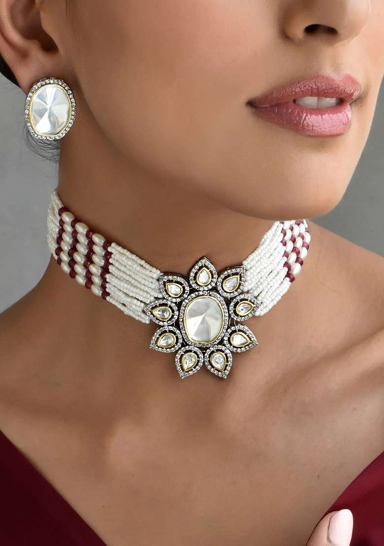 Red Silver Tone Polki Choker Necklace Set - Indya