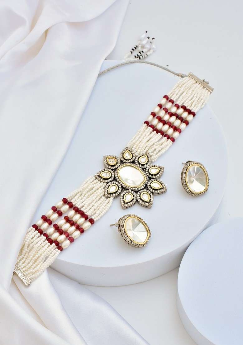 Red Silver Tone Polki Choker Necklace Set - Indya