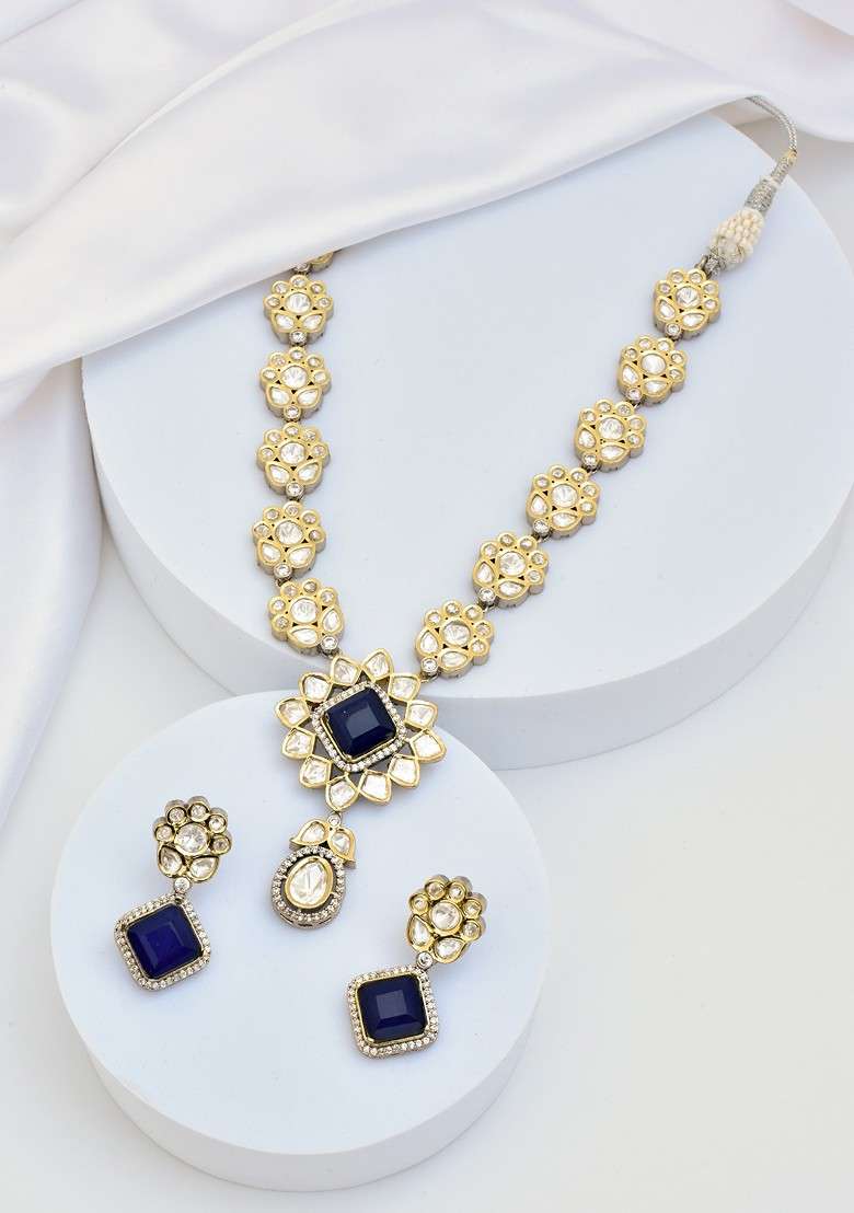 Blue Silver Tone Polki Necklace Set - Indya
