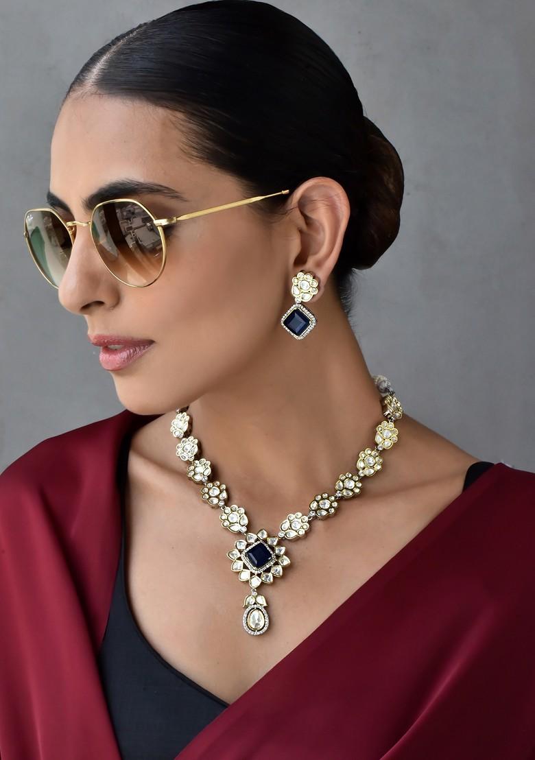 Blue Silver Tone Polki Necklace Set - Indya