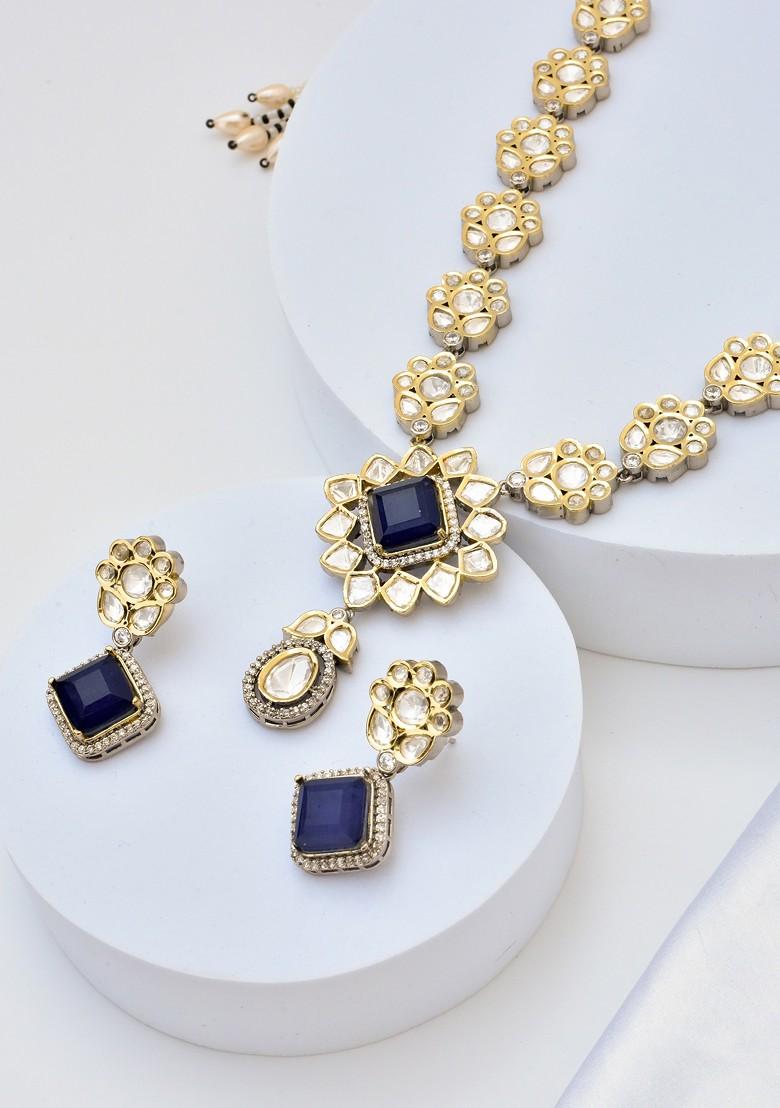 Blue Silver Tone Polki Necklace Set - Indya