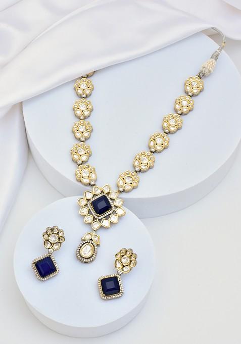 Blue Silver Tone Polki Necklace Set