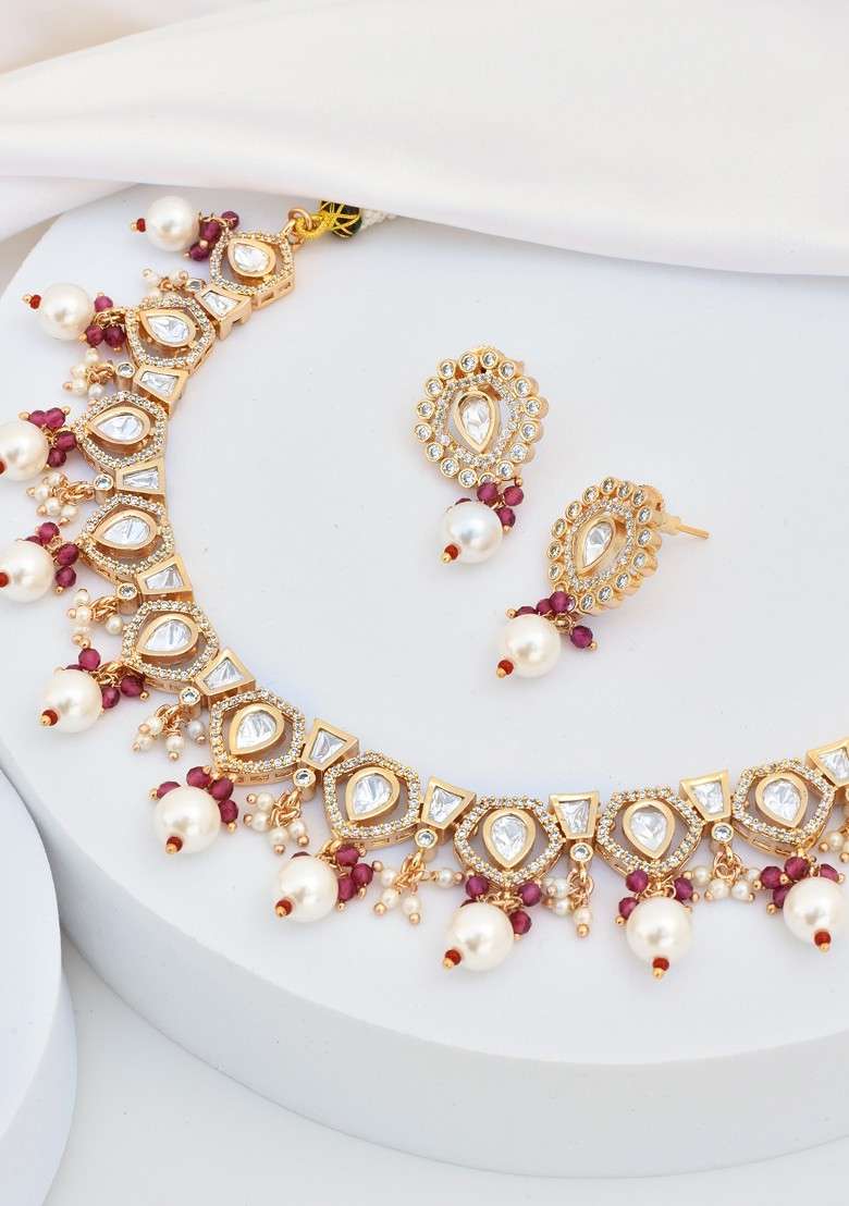 Red Rose Gold Tone Polki Necklace Set - Indya