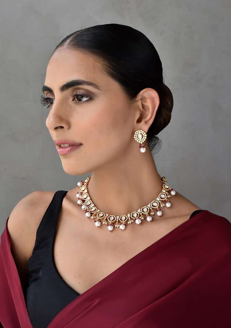 Red Rose Gold Tone Polki Necklace Set - Indya