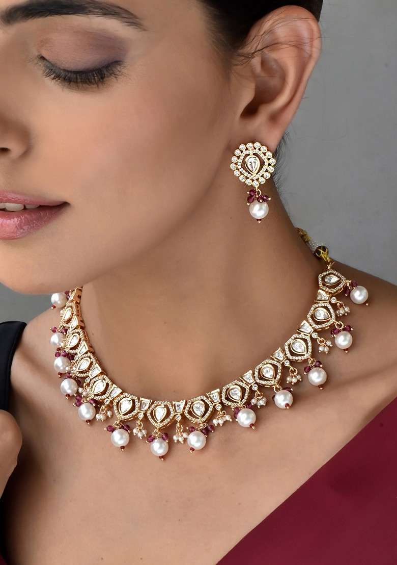 Red Rose Gold Tone Polki Necklace Set - Indya