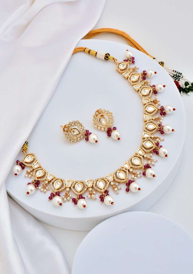 Red Rose Gold Tone Polki Necklace Set - Indya