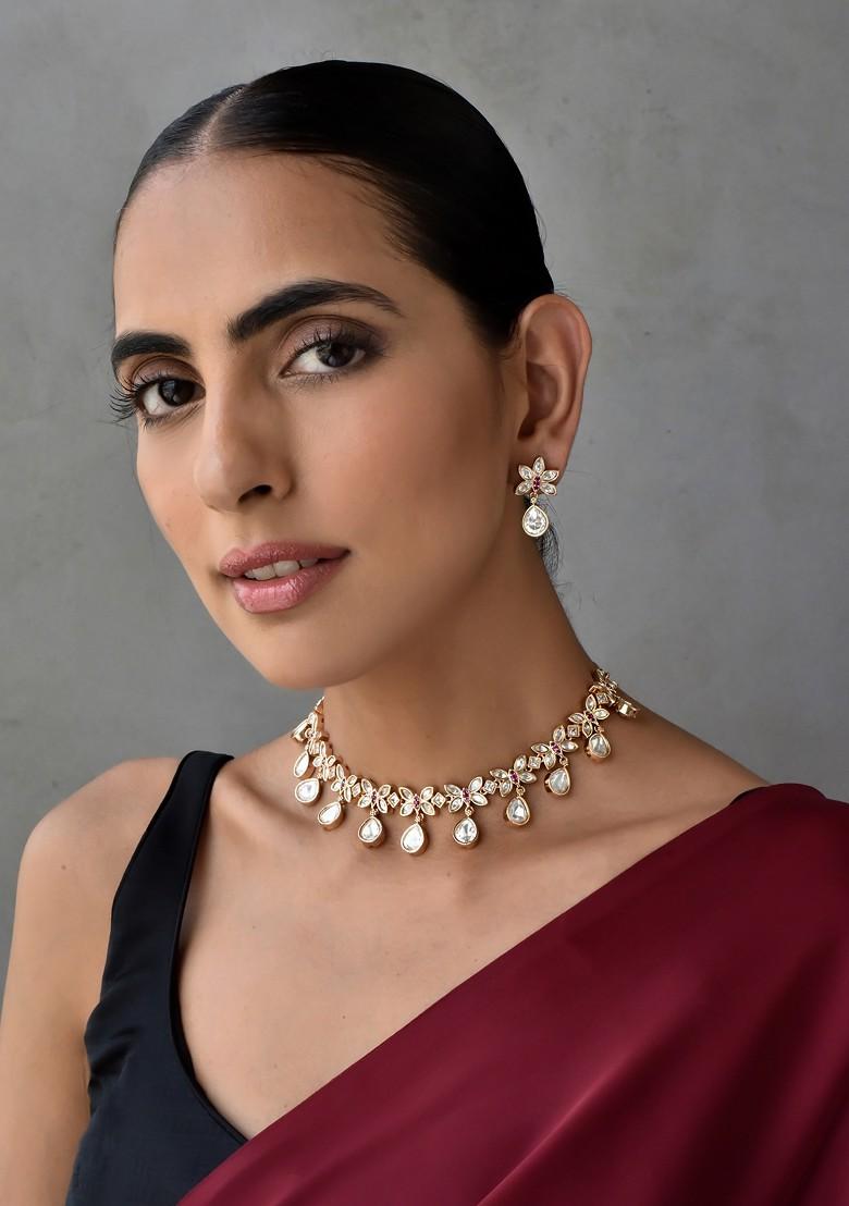 Rose Gold Tone Polki Necklace Set