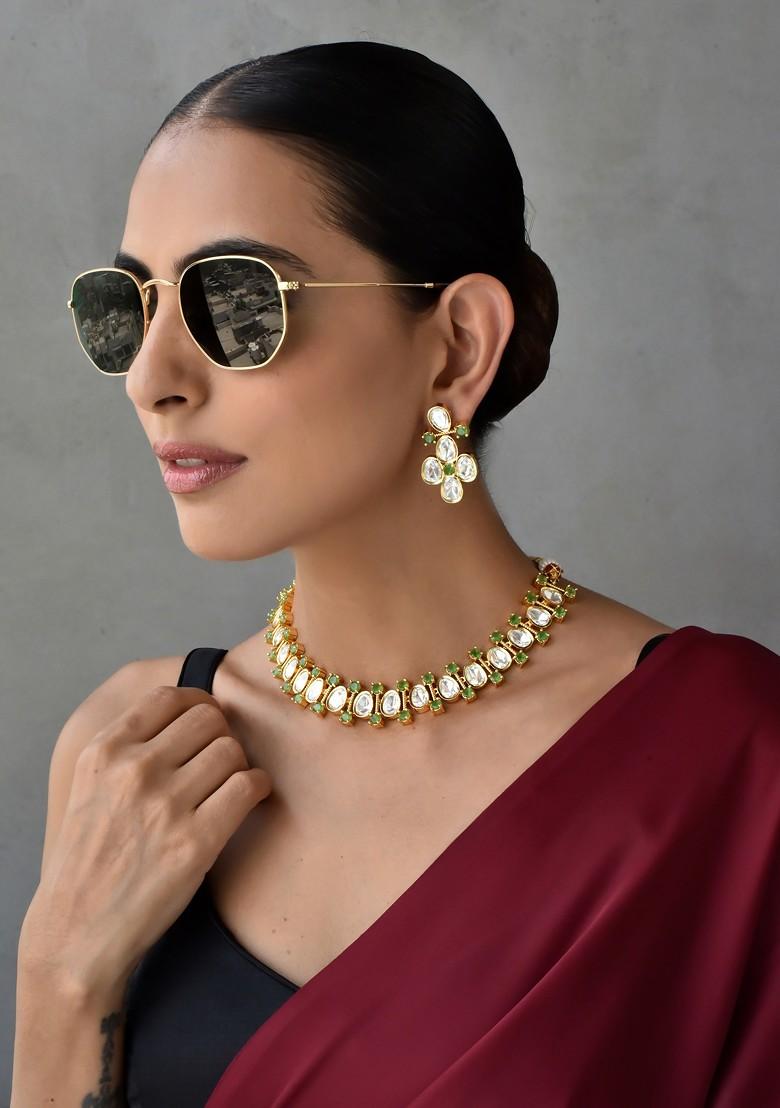 Green Gold Tone Polki Necklace Set