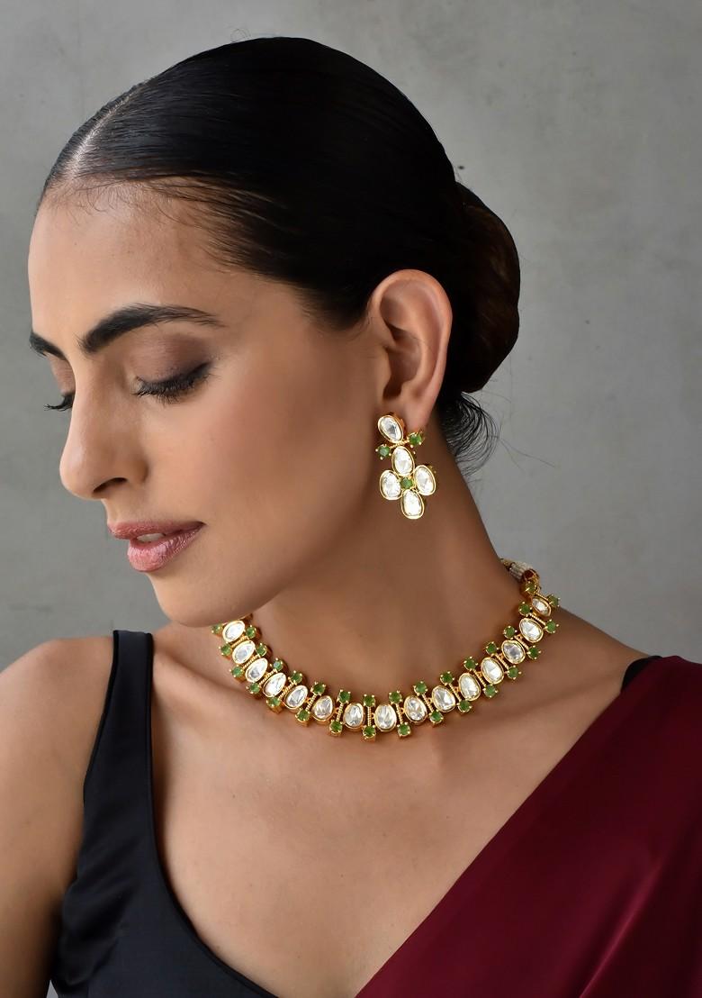 Green Gold Tone Polki Necklace Set