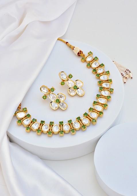 Green Gold Tone Polki Necklace Set