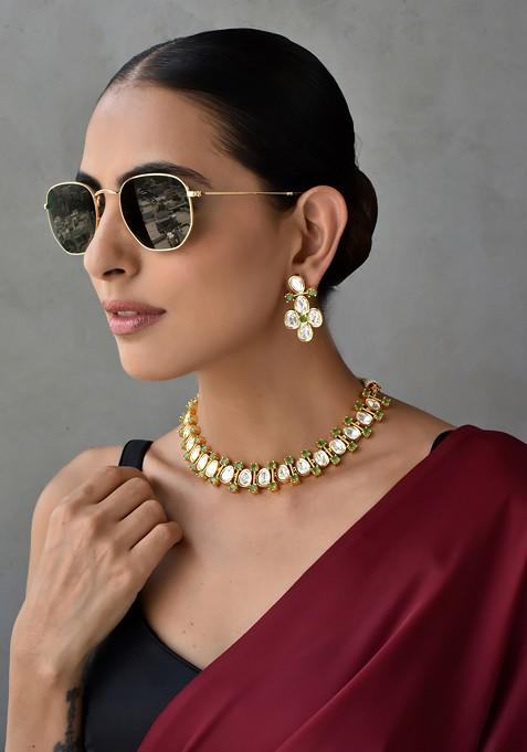 Green Gold Tone Polki Necklace Set