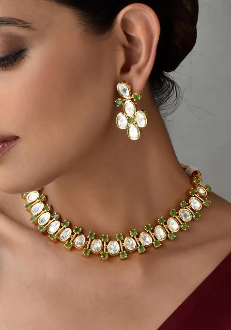 Green Gold Tone Polki Necklace Set