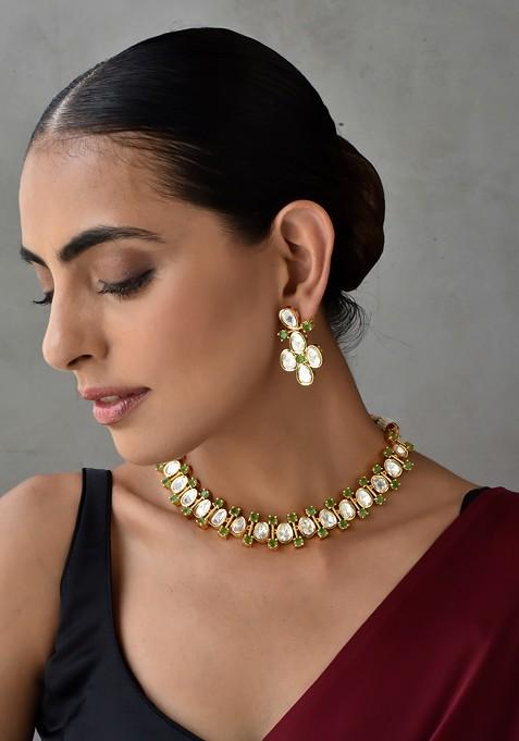 Green Gold Tone Polki Necklace Set