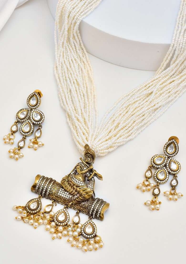 White Gold Tone Pearl Pendant Necklace Set - Indya
