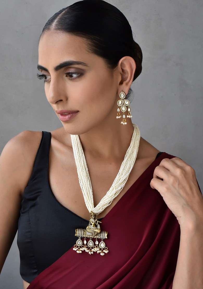 White Gold Tone Pearl Pendant Necklace Set - Indya