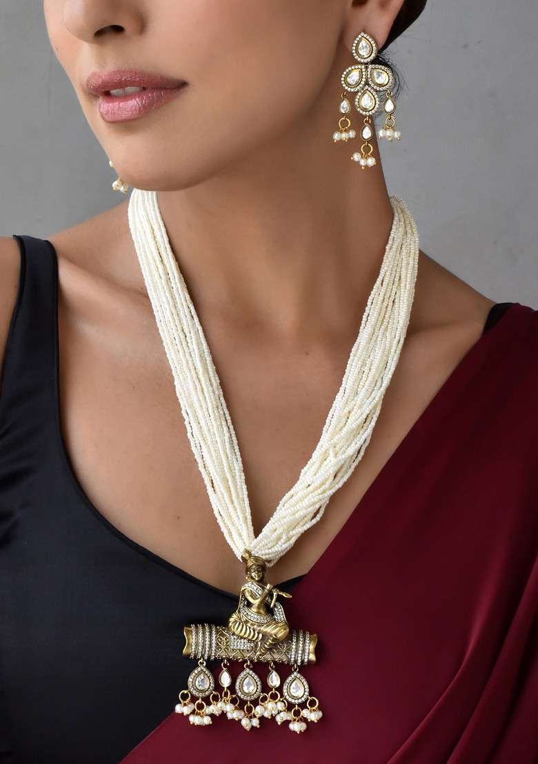 White Gold Tone Pearl Pendant Necklace Set - Indya