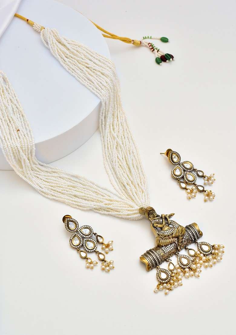 White Gold Tone Pearl Pendant Necklace Set - Indya
